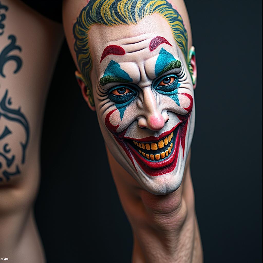 The Joker with a menacing smilein distorted and fragmented tattoo design, featuring a classical statue bust, in a glitch art style with vibrant, overlapping colors of cyan, magenta, and yellow, creating a digital distortion effect