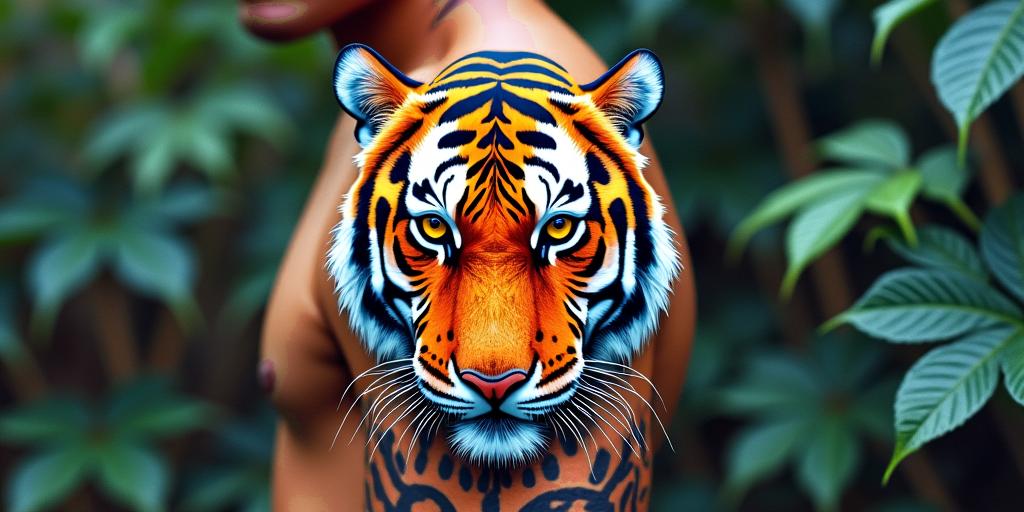 Tiger with intense eyes in a junglein pop art style tattoo, featuring bold and vibrant colors, exaggerated outlines, iconic imagery, inspired by comic books and speech bubbles, comic book characters, retro pop culture - Variation 2