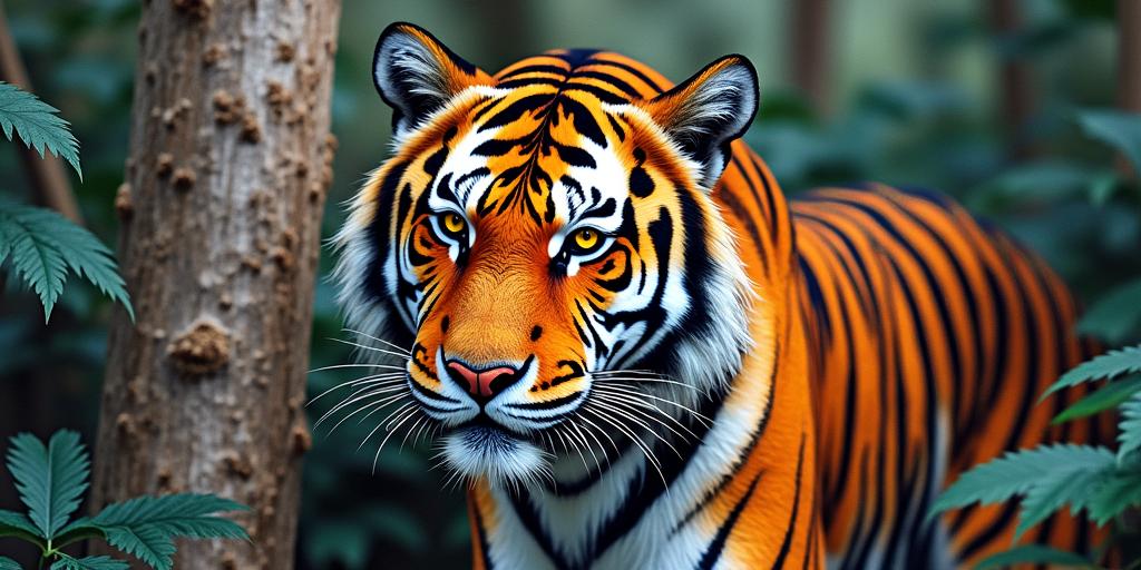 Tiger with intense eyes in a junglein pop art style tattoo, featuring bold and vibrant colors, exaggerated outlines, iconic imagery, inspired by comic books and speech bubbles, comic book characters, retro pop culture - Variation 3