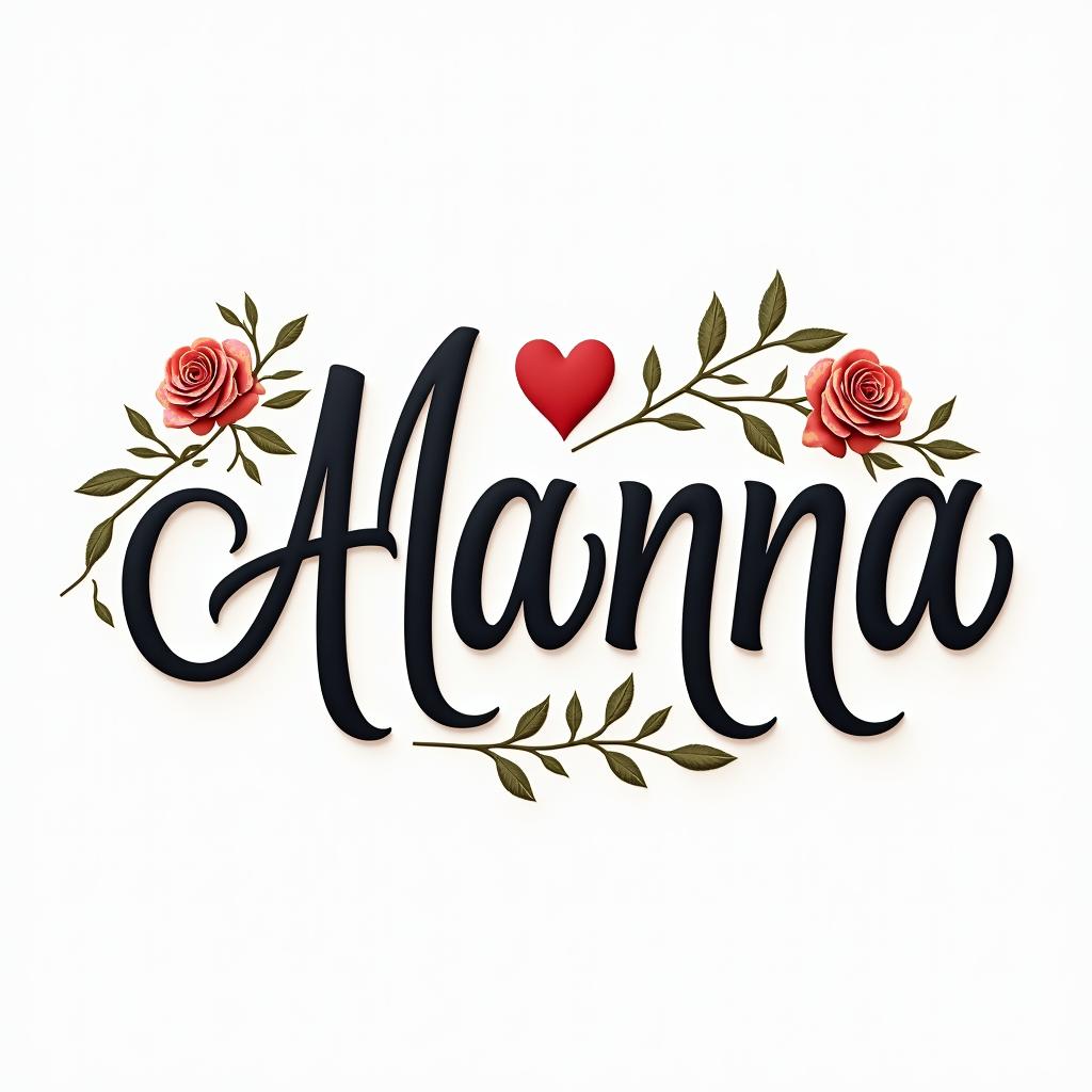 Alannain elegant cursive calligraphy style 2d tattoo, decorate with roses, featuring a smooth and flowing handwritten script with slightly thickened strokes for a luxurious and bold appearance,  heart symbol between names,  sleek and glossy black text with shadowing, minimalist matte white background, clean and sharp edges, illuminated with soft lighting, romantic, 8k, high-quality textures with refined typography - Variation 4