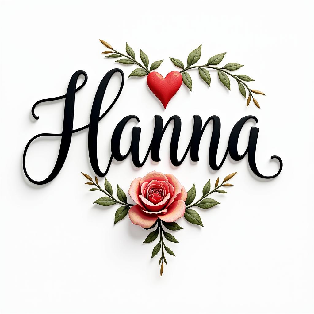 Alannain elegant cursive calligraphy style 2d tattoo, decorate with roses, featuring a smooth and flowing handwritten script with slightly thickened strokes for a luxurious and bold appearance,  heart symbol between names,  sleek and glossy black text with shadowing, minimalist matte white background, clean and sharp edges, illuminated with soft lighting, romantic, 8k, high-quality textures with refined typography - Variation 3