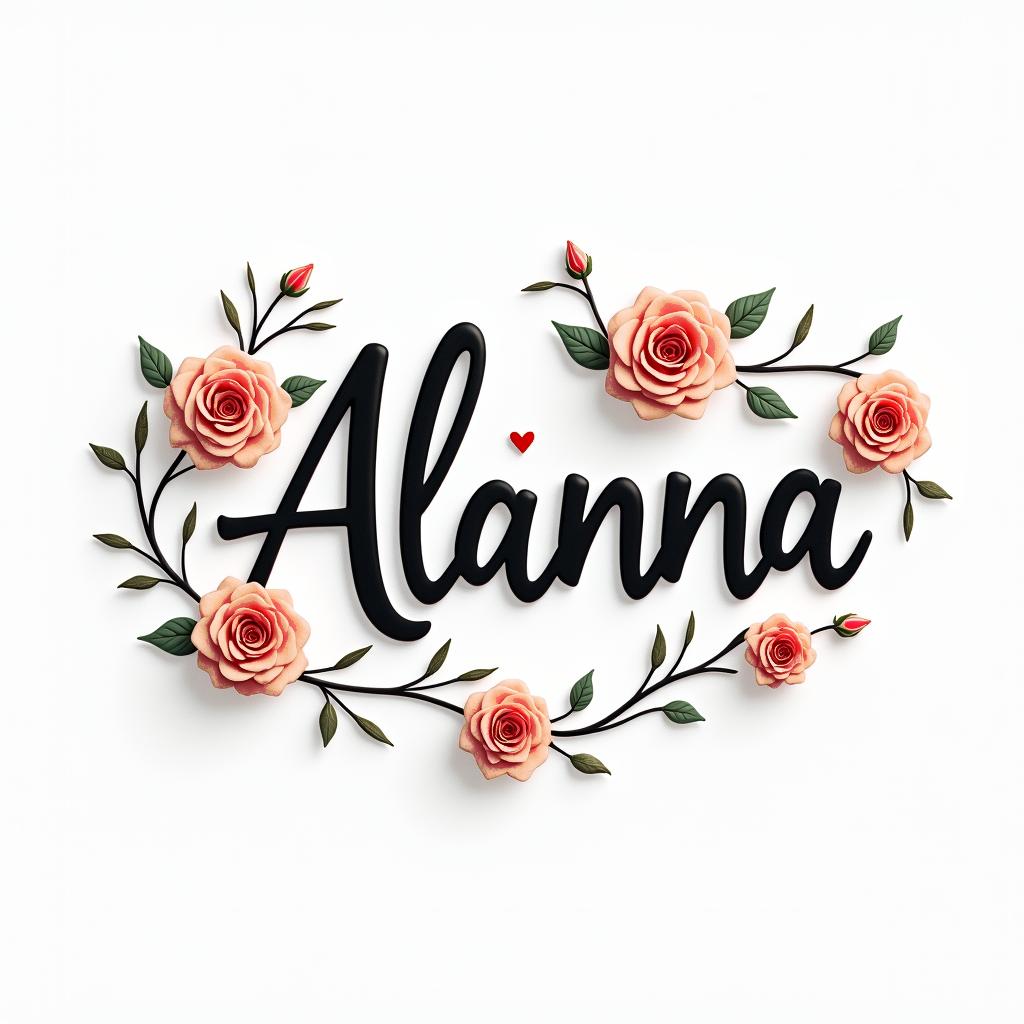 Alannain elegant cursive calligraphy style 2d tattoo, decorate with roses, featuring a smooth and flowing handwritten script with slightly thickened strokes for a luxurious and bold appearance,  heart symbol between names,  sleek and glossy black text with shadowing, minimalist matte white background, clean and sharp edges, illuminated with soft lighting, romantic, 8k, high-quality textures with refined typography - Variation 2