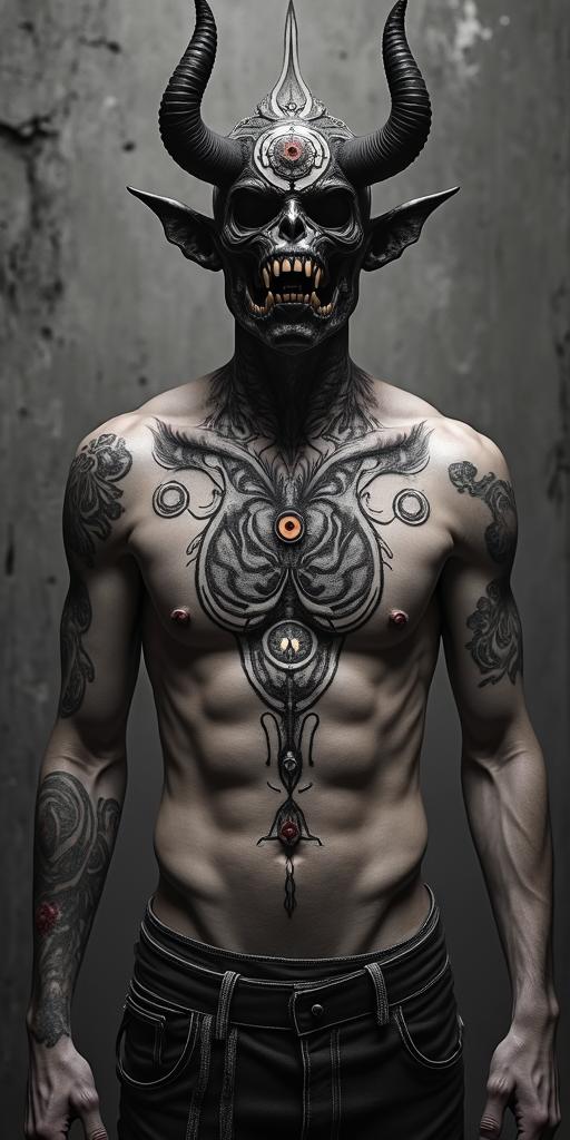 King of all demons rising up from blood seeping through the cracks in a decaying post apocalyptic city.in spiritual symbols tattoo style, featuring an intricate design incorporating elements, Hamsa hand, third eye, minimalist composition - Variation 4
