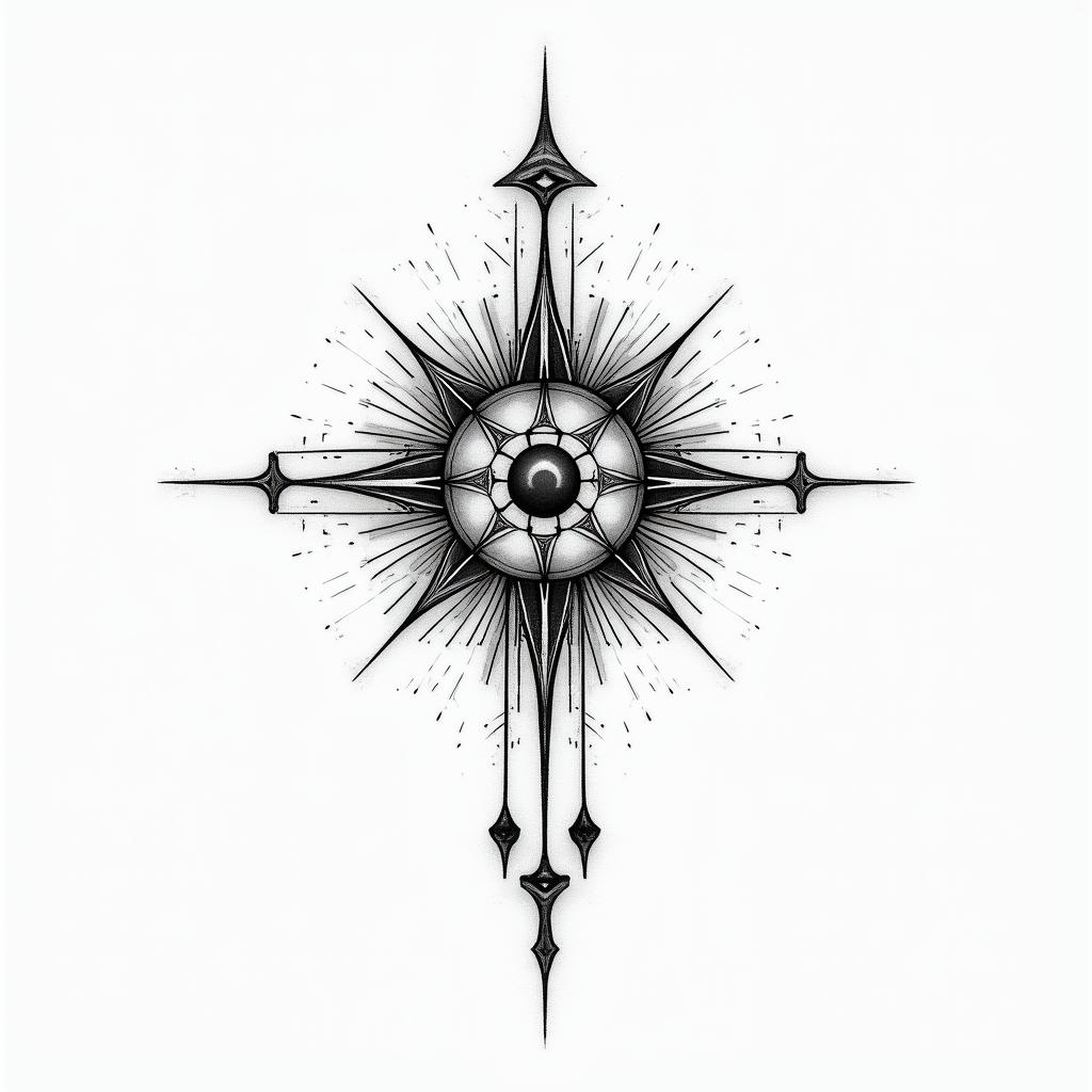 Astral projectionin spiritual symbols tattoo style, featuring an intricate design incorporating elements, Hamsa hand, third eye, minimalist composition