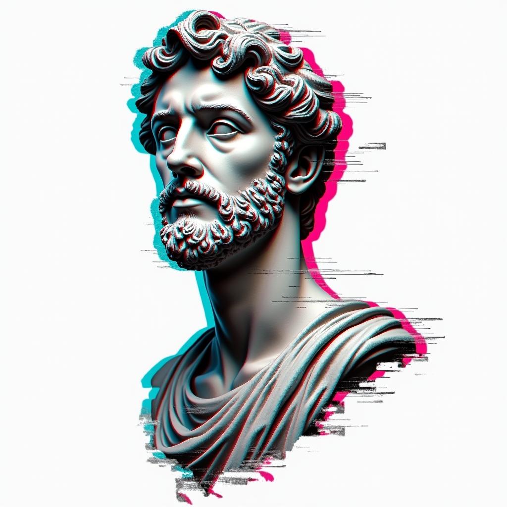 Not anonymous man Geminiin distorted and fragmented tattoo design, featuring a classical statue bust, in a glitch art style with vibrant, overlapping colors of cyan, magenta, and yellow, creating a digital distortion effect - Variation 4