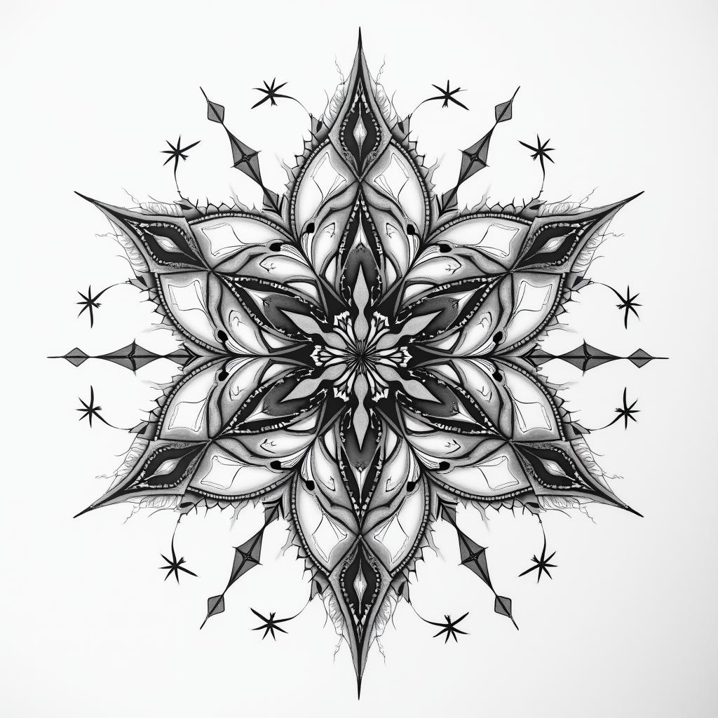 Astral projection in geometric style tattoo, blending hexagons, mandala-inspired patterns, symmetrical and fractal design, clean lines, sharp angles - Variation 4