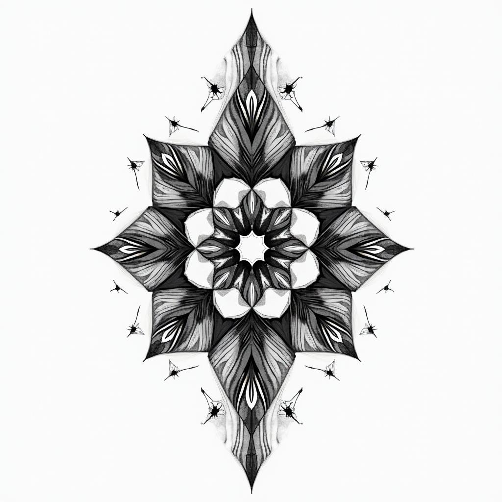 Astral projection in geometric style tattoo, blending hexagons, mandala-inspired patterns, symmetrical and fractal design, clean lines, sharp angles - Variation 3