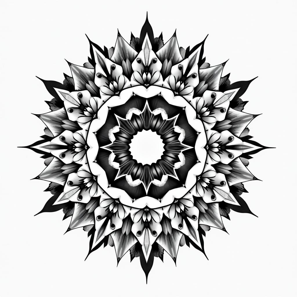 Astral projection in geometric style tattoo, blending hexagons, mandala-inspired patterns, symmetrical and fractal design, clean lines, sharp angles