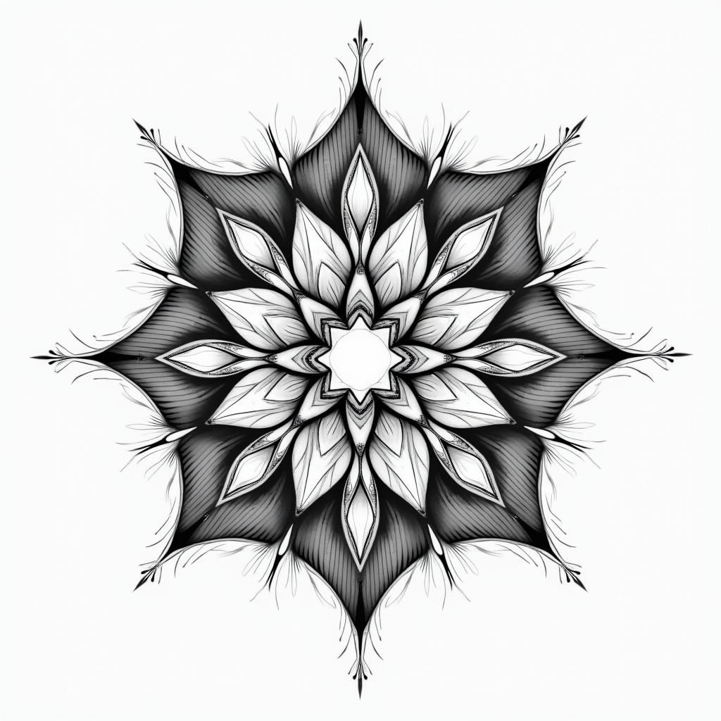 Astral projection in geometric style tattoo, blending hexagons, mandala-inspired patterns, symmetrical and fractal design, clean lines, sharp angles - Variation 2