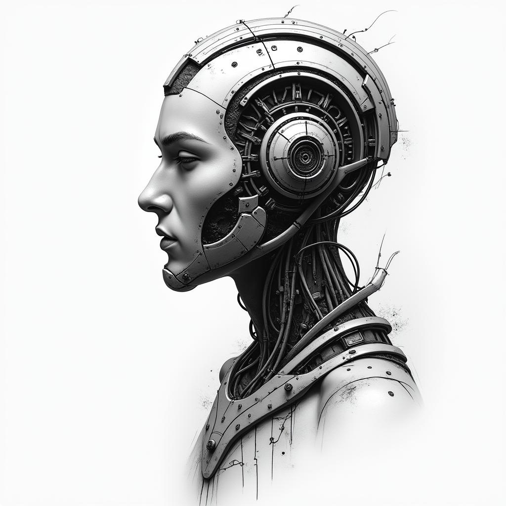 Not anonymous man Geminitattoo in biomechanic style, the tattoo covered by robotic elements of futuristic cyberpunk design, robotic features detail, showcasing intricate mechanical components