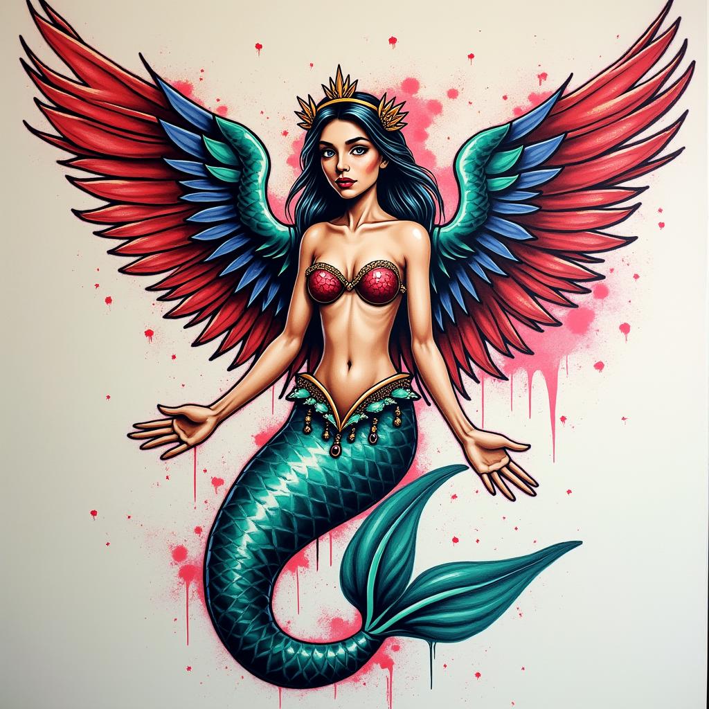Angel wings on a mermaid disco stylein graffiti style tattoo, featuring bold and dynamic street art elements, spray-paint texture with exaggerated lines and expressive, chaotic brushstrokes, intricate lettering incorporated with graffiti tags, symbols like hearts, stars, and wings - Variation 2