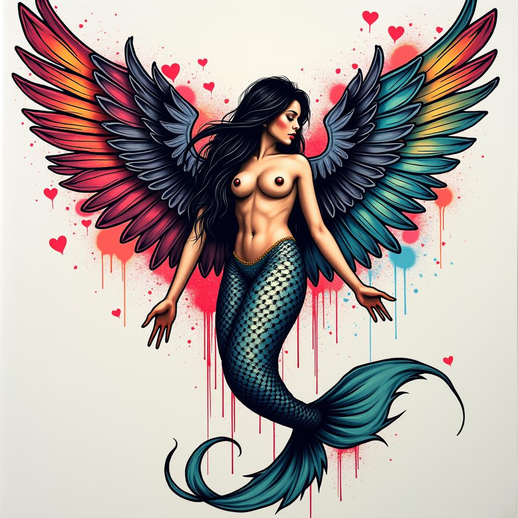 Angel wings on a mermaid disco stylein graffiti style tattoo, featuring bold and dynamic street art elements, spray-paint texture with exaggerated lines and expressive, chaotic brushstrokes, intricate lettering incorporated with graffiti tags, symbols like hearts, stars, and wings - Variation 4