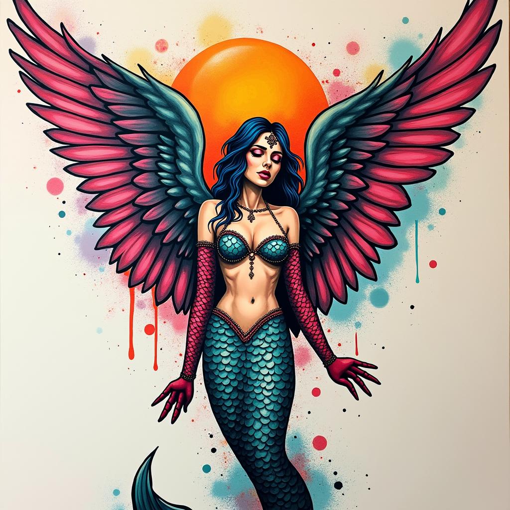 Angel wings on a mermaid disco stylein graffiti style tattoo, featuring bold and dynamic street art elements, spray-paint texture with exaggerated lines and expressive, chaotic brushstrokes, intricate lettering incorporated with graffiti tags, symbols like hearts, stars, and wings