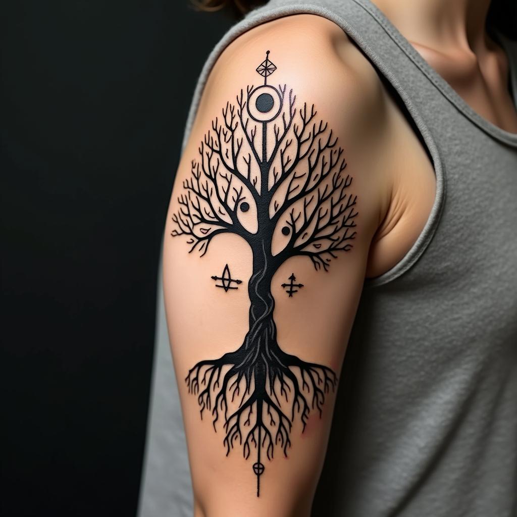Tree of life with roots and branchesin spiritual symbols tattoo style, featuring an intricate design incorporating elements, Hamsa hand, third eye, minimalist composition - Variation 2