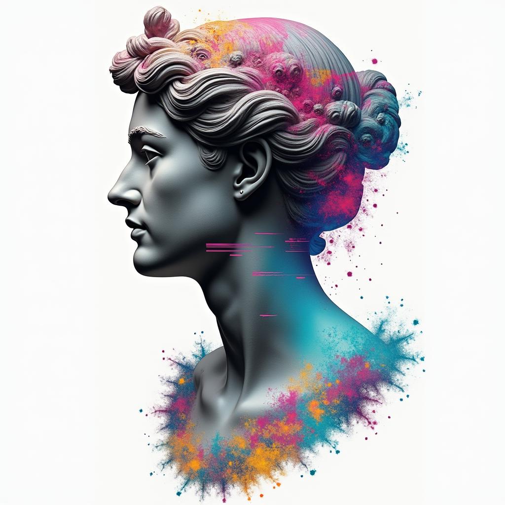 Astral projectionin distorted and fragmented tattoo design, featuring a classical statue bust, in a glitch art style with vibrant, overlapping colors of cyan, magenta, and yellow, creating a digital distortion effect - Variation 3