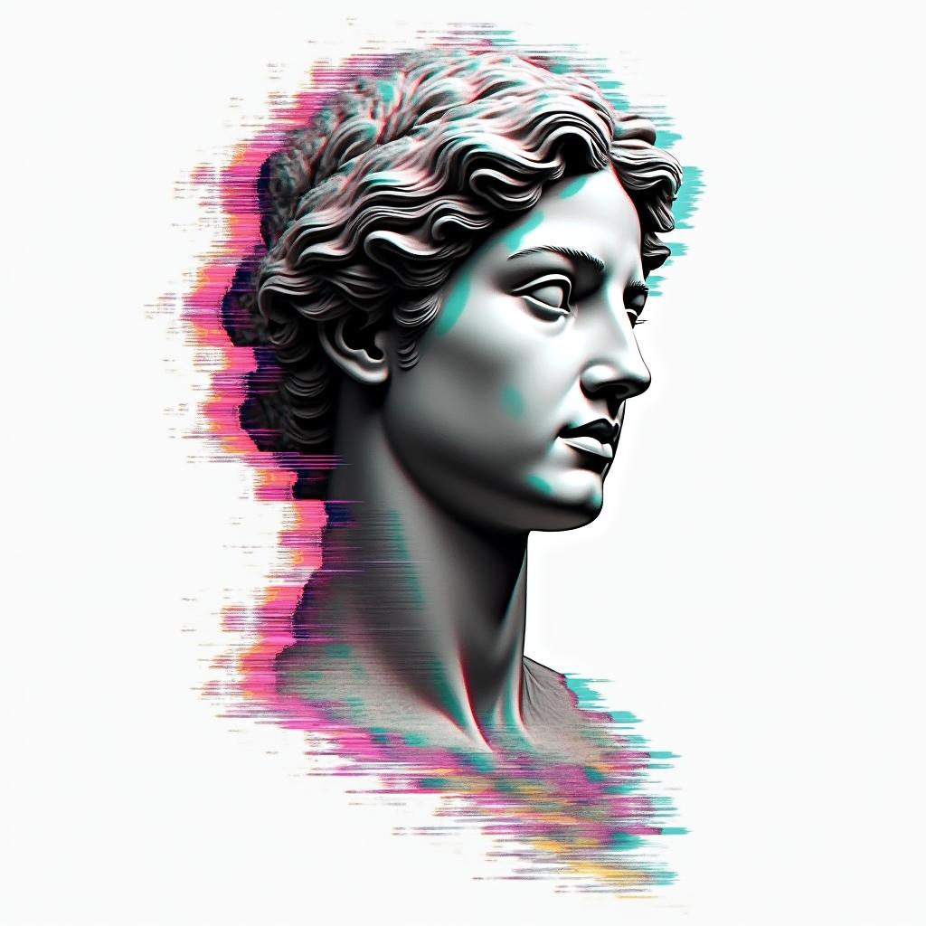 Astral projectionin distorted and fragmented tattoo design, featuring a classical statue bust, in a glitch art style with vibrant, overlapping colors of cyan, magenta, and yellow, creating a digital distortion effect - Variation 2