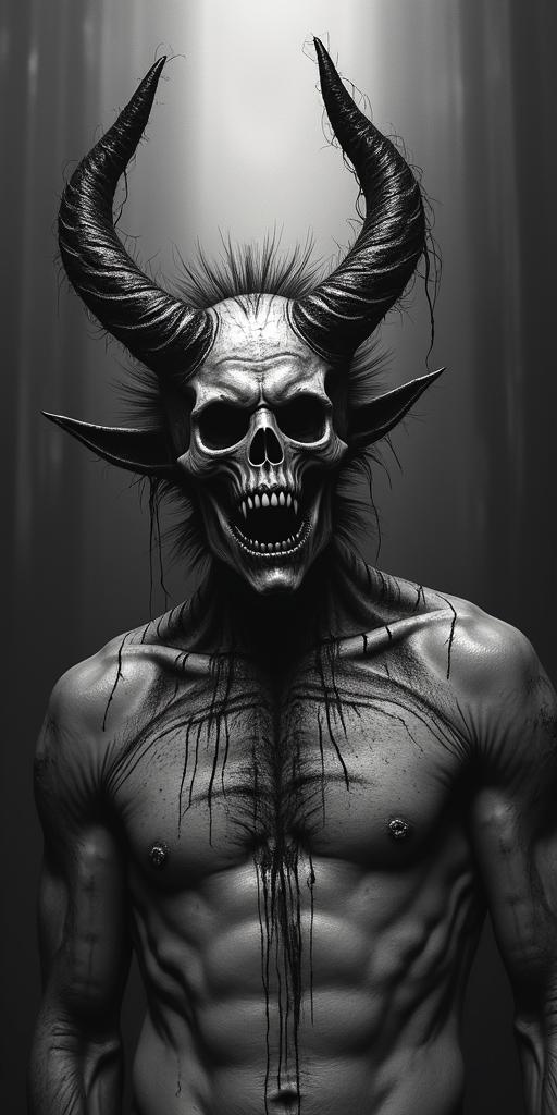 King of all demons rising up from blood seeping through the cracks in a decaying post apocalyptic city.creepy horror tattoo style, featuring an eerie and unsettling skull of a demonic creature, distorted face with sharp fangs, add pentagram symbol - Variation 2