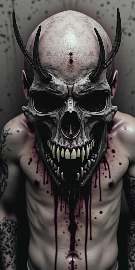 King of all demons rising up from blood seeping through the cracks in a decaying post apocalyptic city.creepy horror tattoo style, featuring an eerie and unsettling skull of a demonic creature, distorted face with sharp fangs, add pentagram symbol