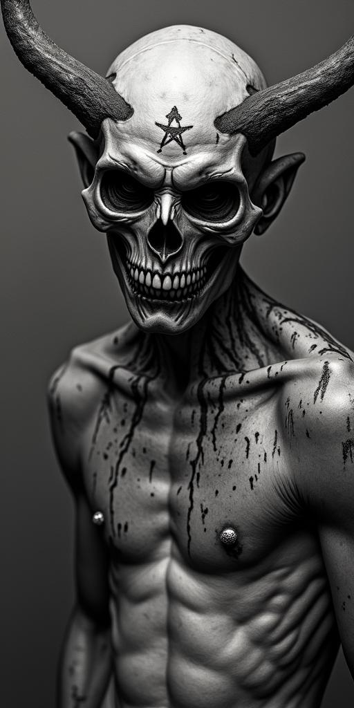 King of all demons rising up from blood seeping through the cracks in a decaying post apocalyptic city.creepy horror tattoo style, featuring an eerie and unsettling skull of a demonic creature, distorted face with sharp fangs, add pentagram symbol - Variation 3