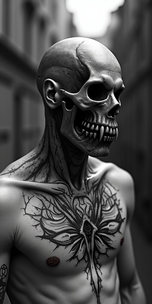 King of all demons rising up from blood seeping through the cracks in a decaying post apocalyptic city.creepy horror tattoo style, featuring an eerie and unsettling skull of a demonic creature, distorted face with sharp fangs, add pentagram symbol - Variation 4