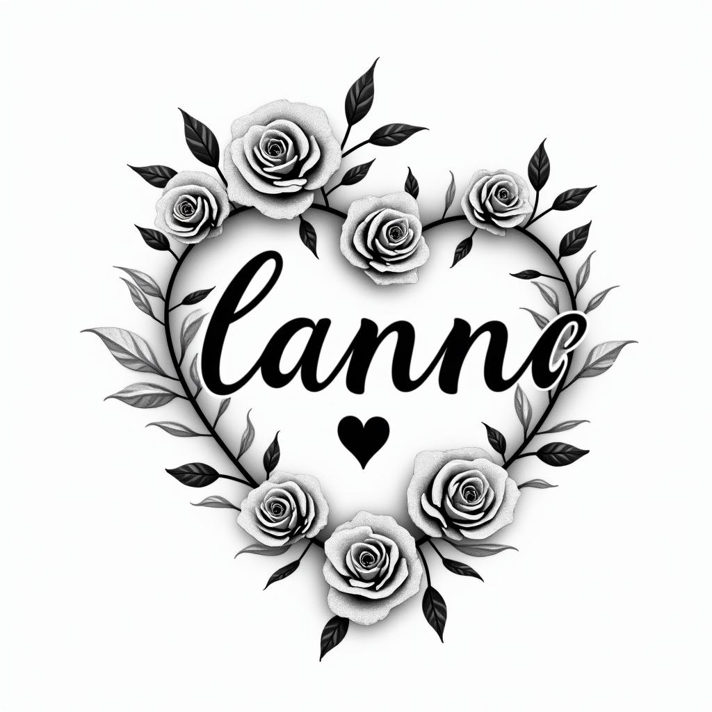 Alanna- 04/07/24-Julyin elegant cursive calligraphy style 2d tattoo, decorate with roses, featuring a smooth and flowing handwritten script with slightly thickened strokes for a luxurious and bold appearance,  heart symbol between names,  sleek and glossy black text with shadowing, minimalist matte white background, clean and sharp edges, illuminated with soft lighting, romantic, 8k, high-quality textures with refined typography - Variation 4