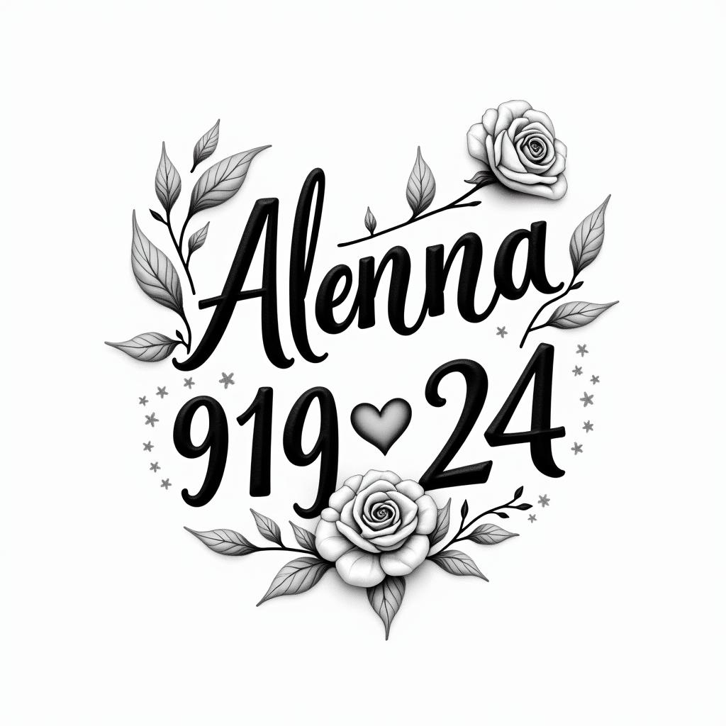 Alanna- 04/07/24-Julyin elegant cursive calligraphy style 2d tattoo, decorate with roses, featuring a smooth and flowing handwritten script with slightly thickened strokes for a luxurious and bold appearance,  heart symbol between names,  sleek and glossy black text with shadowing, minimalist matte white background, clean and sharp edges, illuminated with soft lighting, romantic, 8k, high-quality textures with refined typography - Variation 3