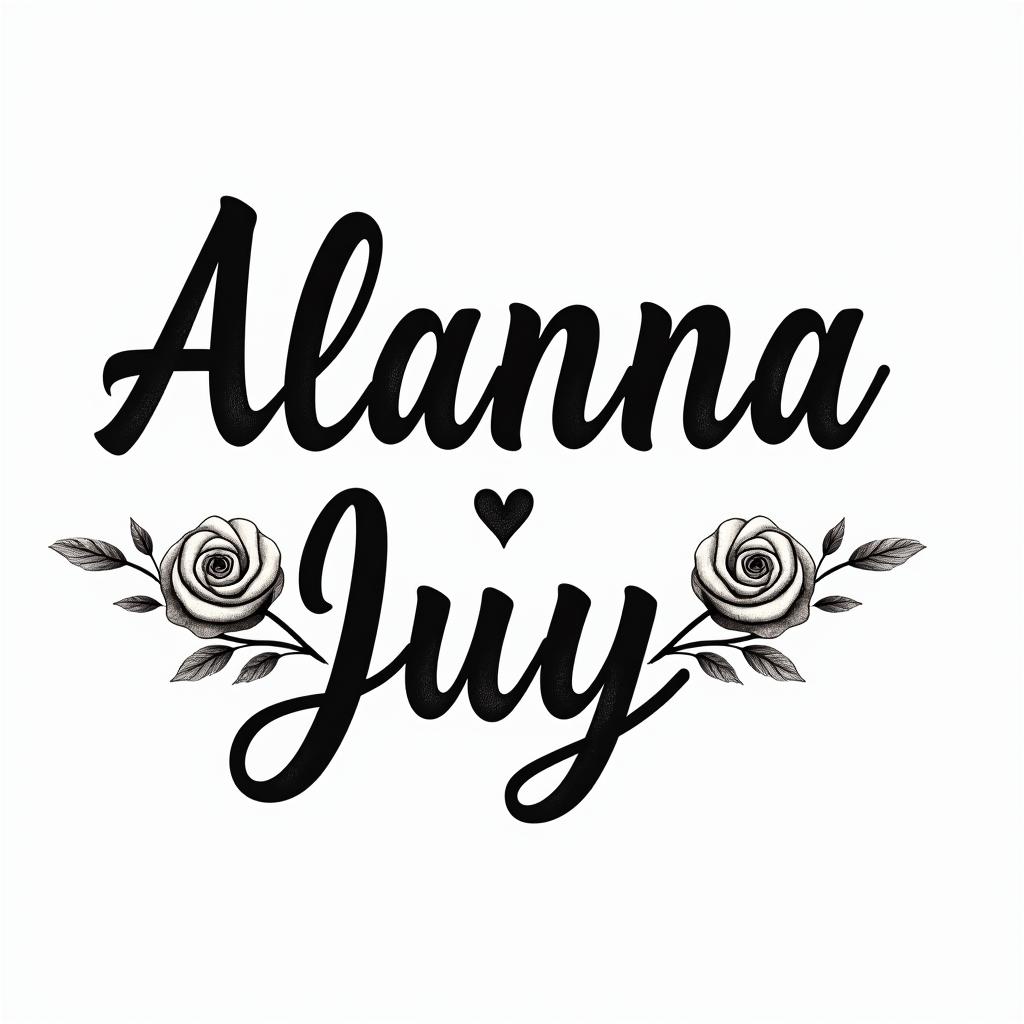 Alanna- 04/07/24-Julyin elegant cursive calligraphy style 2d tattoo, decorate with roses, featuring a smooth and flowing handwritten script with slightly thickened strokes for a luxurious and bold appearance,  heart symbol between names,  sleek and glossy black text with shadowing, minimalist matte white background, clean and sharp edges, illuminated with soft lighting, romantic, 8k, high-quality textures with refined typography - Variation 2