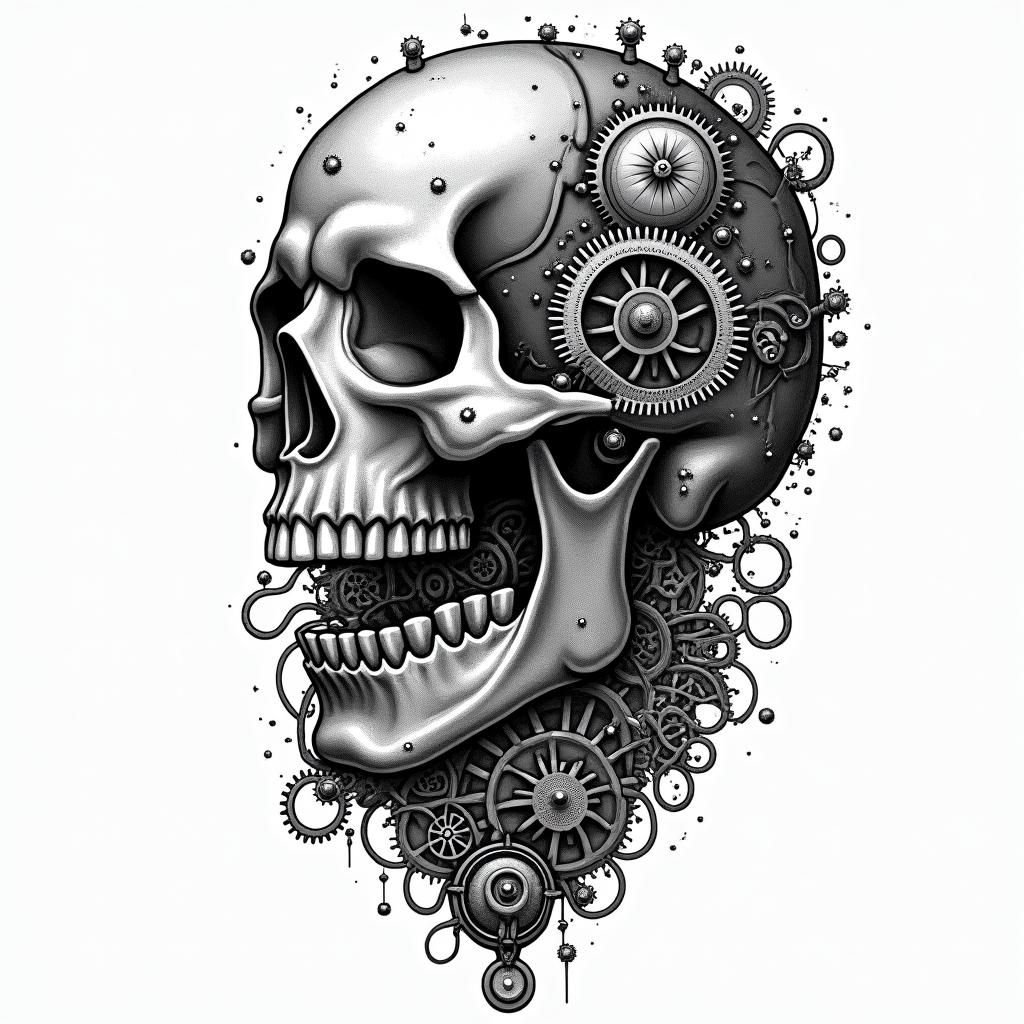A detailed tattoo design featuring a skull intertwined with elements of a galaxy, representing techno music culture. Incorporate steampunk gears, biopunk elements, and steam-powered machinery alongside audio cables and bass speakers. Include a heavy truck symbolizing freedom, surrounded by nature, blending it all into a vibrant and dynamic composition that captures the spirit of rave parties, enhanced by the influence of LSD.higly detailed tattoo