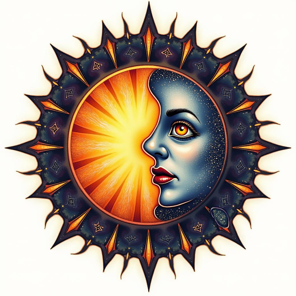 Sun and moon intertwined, glowingin prophecy tattoo style, featuring mystical symbols, celestial imagery like stars, moons, suns, geometric patterns, foretelling elements, an eye of wisdom - Variation 3