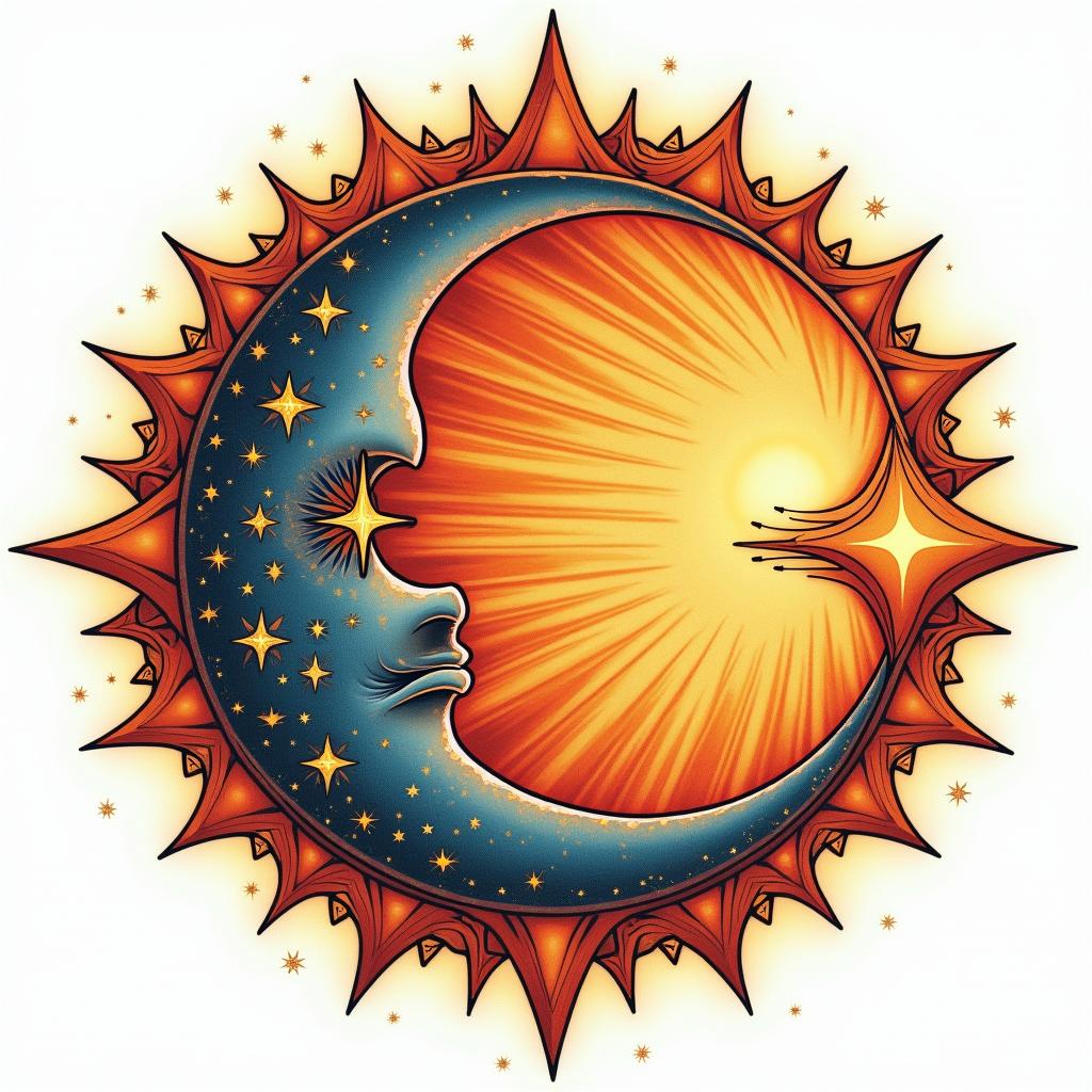 Sun and moon intertwined, glowingin prophecy tattoo style, featuring mystical symbols, celestial imagery like stars, moons, suns, geometric patterns, foretelling elements, an eye of wisdom - Variation 4