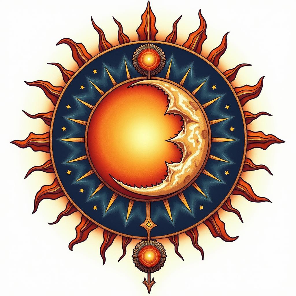 Sun and moon intertwined, glowingin prophecy tattoo style, featuring mystical symbols, celestial imagery like stars, moons, suns, geometric patterns, foretelling elements, an eye of wisdom - Variation 2