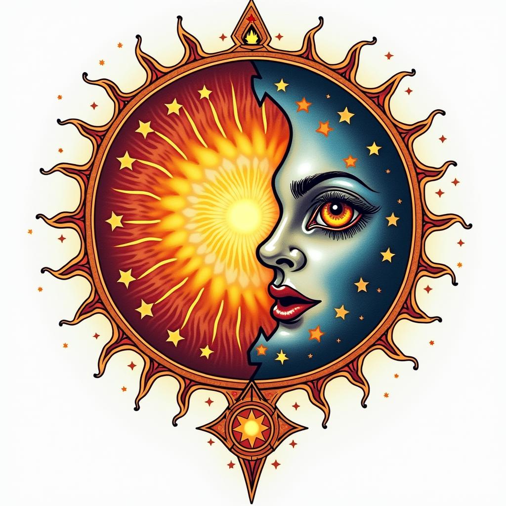 Sun and moon intertwined, glowingin prophecy tattoo style, featuring mystical symbols, celestial imagery like stars, moons, suns, geometric patterns, foretelling elements, an eye of wisdom