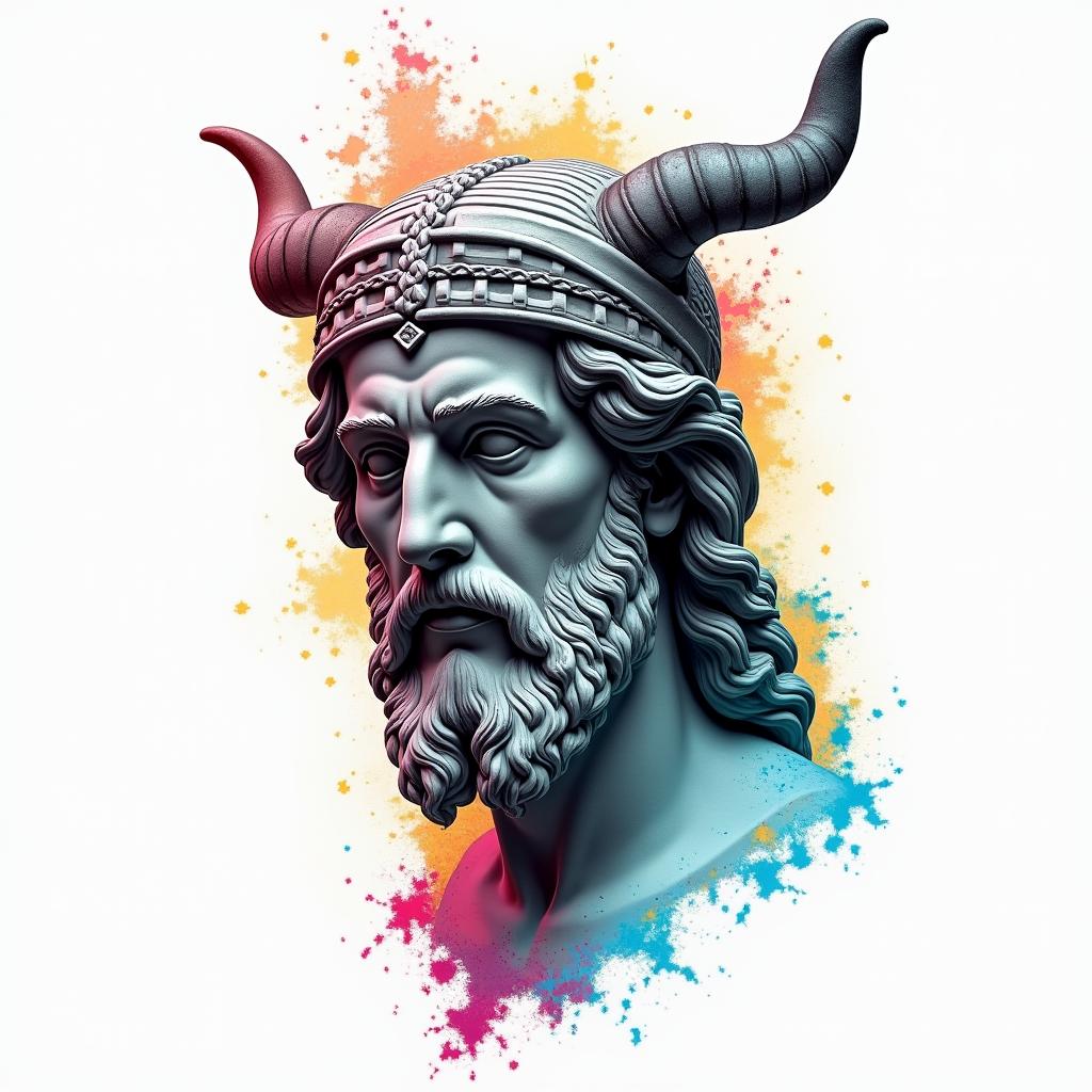 Jesus, Aries, Vikingin distorted and fragmented tattoo design, featuring a classical statue bust, in a glitch art style with vibrant, overlapping colors of cyan, magenta, and yellow, creating a digital distortion effect