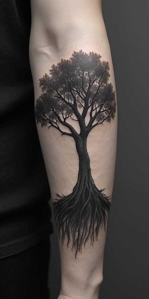 Treein realism tattoo style, featuring a highly detailed, lifelike, capturing every detail, photorealistic, ultra realistic, intricate shading, smooth and sharp,