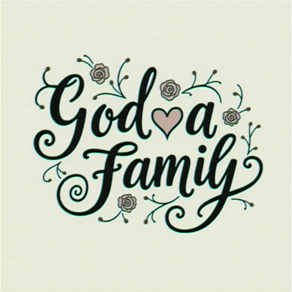 God and familyin elegant cursive calligraphy style 2d tattoo, decorate with roses, featuring a smooth and flowing handwritten script with slightly thickened strokes for a luxurious and bold appearance,  heart symbol between names,  sleek and glossy black text with shadowing, minimalist matte white background, clean and sharp edges, illuminated with soft lighting, romantic, 8k, high-quality textures with refined typography - Variation 4