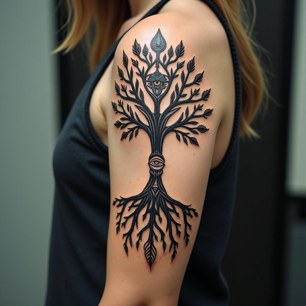 Tree of life with roots and branchesin spiritual symbols tattoo style, featuring an intricate design incorporating elements, Hamsa hand, third eye, minimalist composition