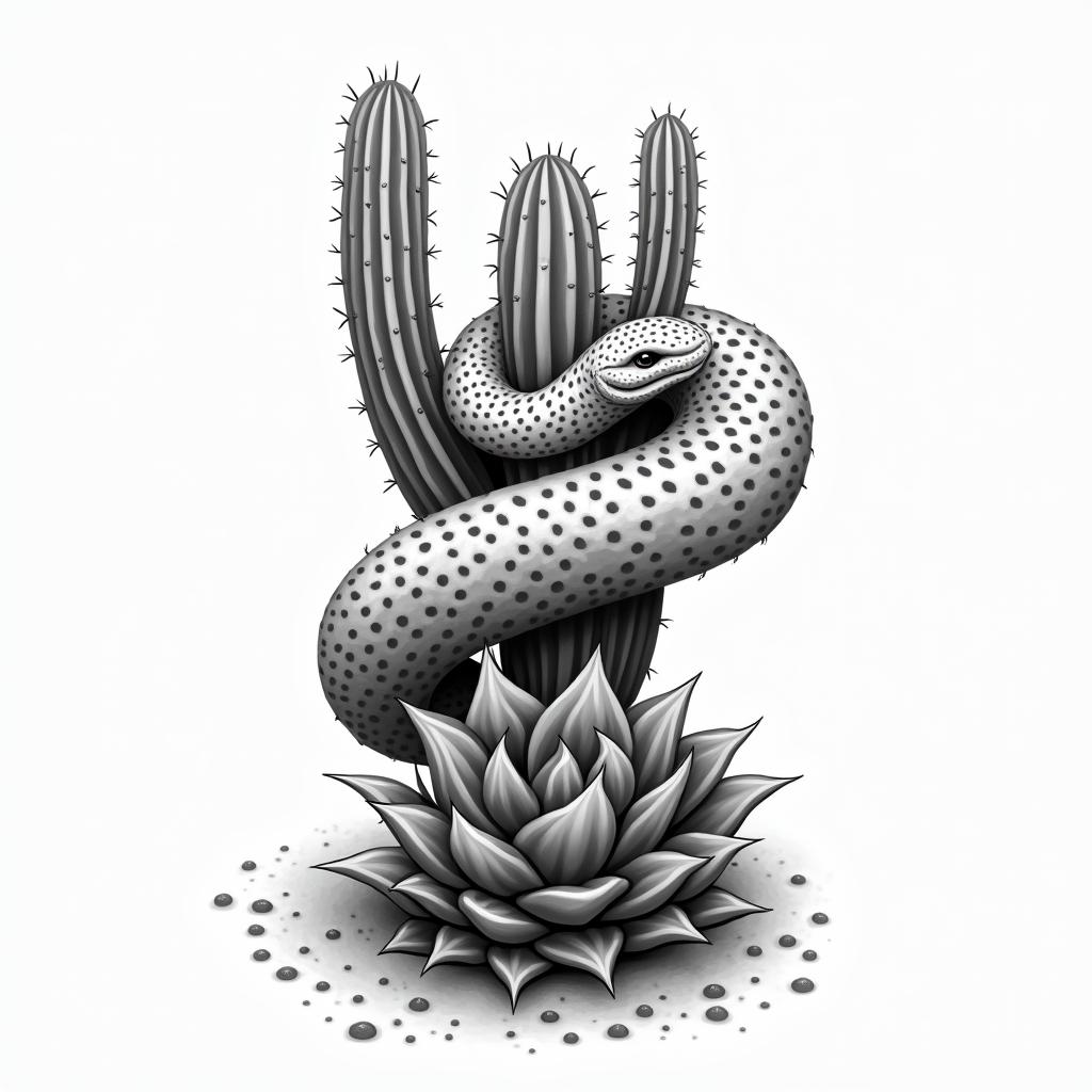 Make a simple black and white snake and cactus designhigly detailed tattoo