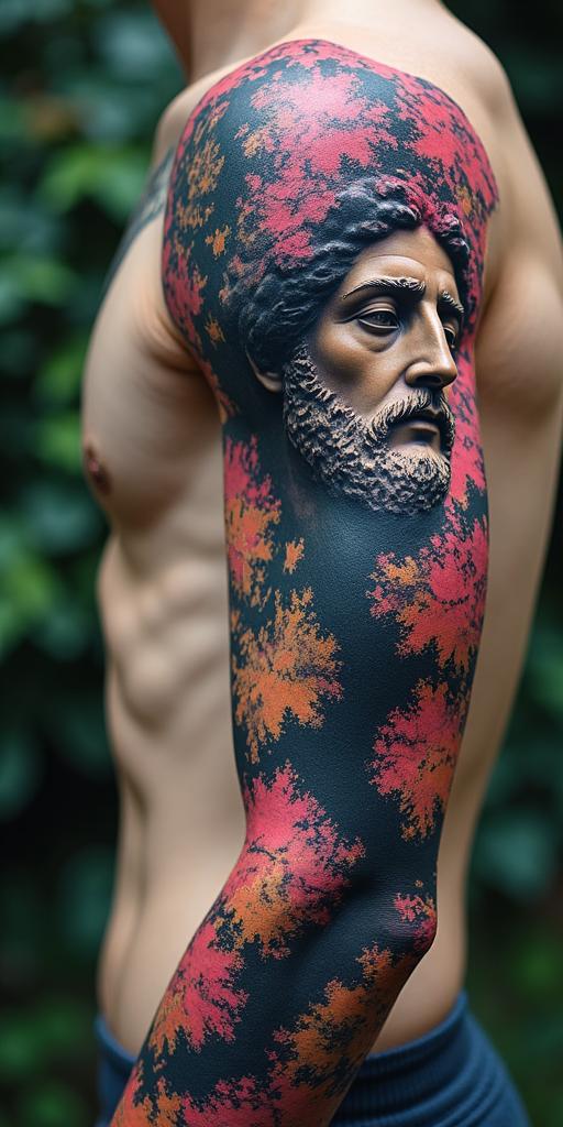 Treein distorted and fragmented tattoo design, featuring a classical statue bust, in a glitch art style with vibrant, overlapping colors of cyan, magenta, and yellow, creating a digital distortion effect - Variation 3