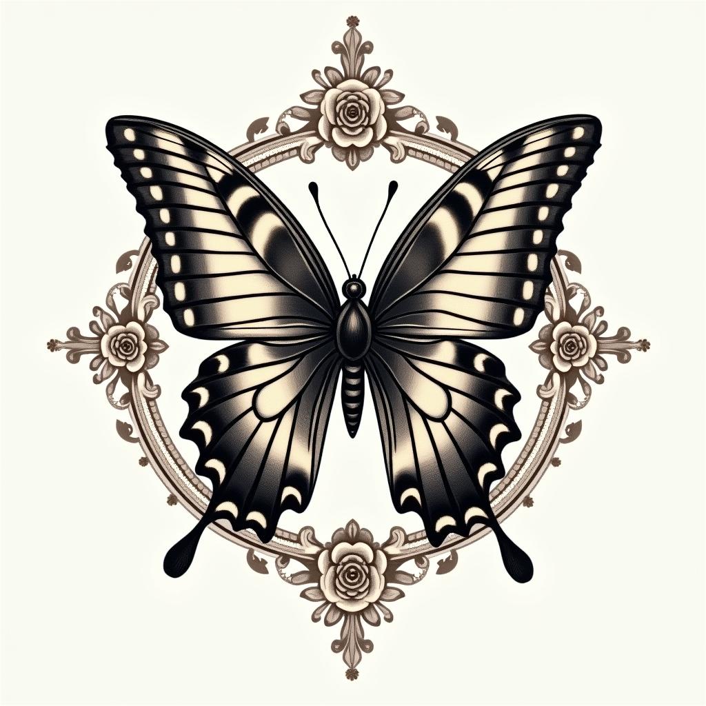 Butterfly with intricate wing patternsin victorian style tattoo, featuring vintage and elegant elements, ornate frames, roses, antique, sepia-toned color scheme - Variation 4