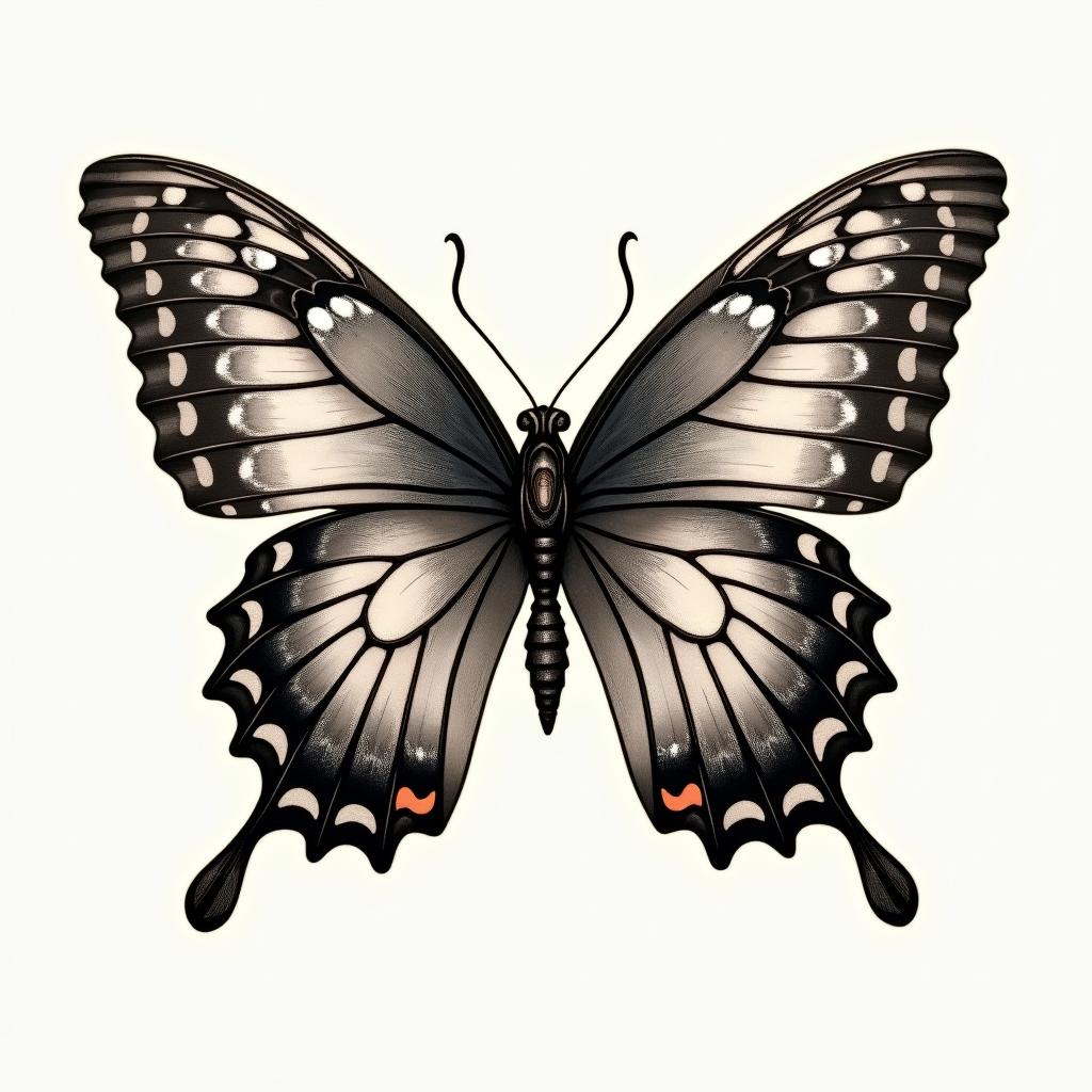 Butterfly with intricate wing patternsin victorian style tattoo, featuring vintage and elegant elements, ornate frames, roses, antique, sepia-toned color scheme - Variation 3