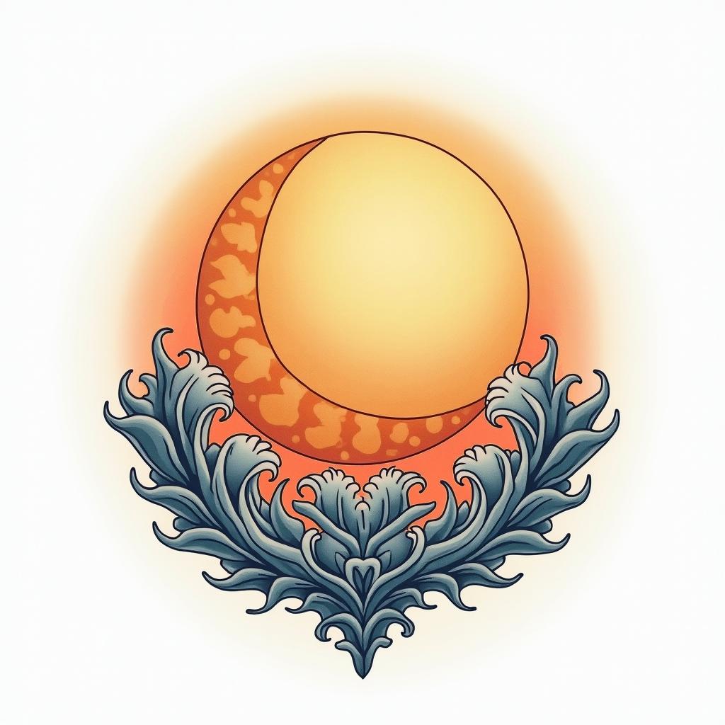 Sun and moon intertwined, glowingin Modest style tattoo, featuring soft, delicate line work with simple and meaningful symbols, gentle waves, a heart, evoking a sense of serenity and grace, - Variation 2