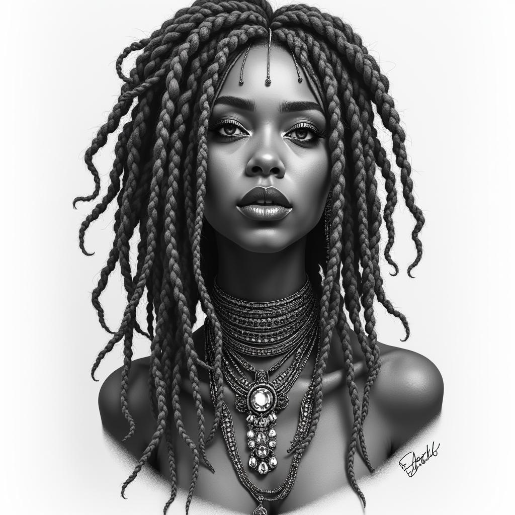 Hoodoo magical feminine full lips African ancestors urban mature with locs with jewels and accessories with grey streak in hairhigly detailed tattoo - Variation 3