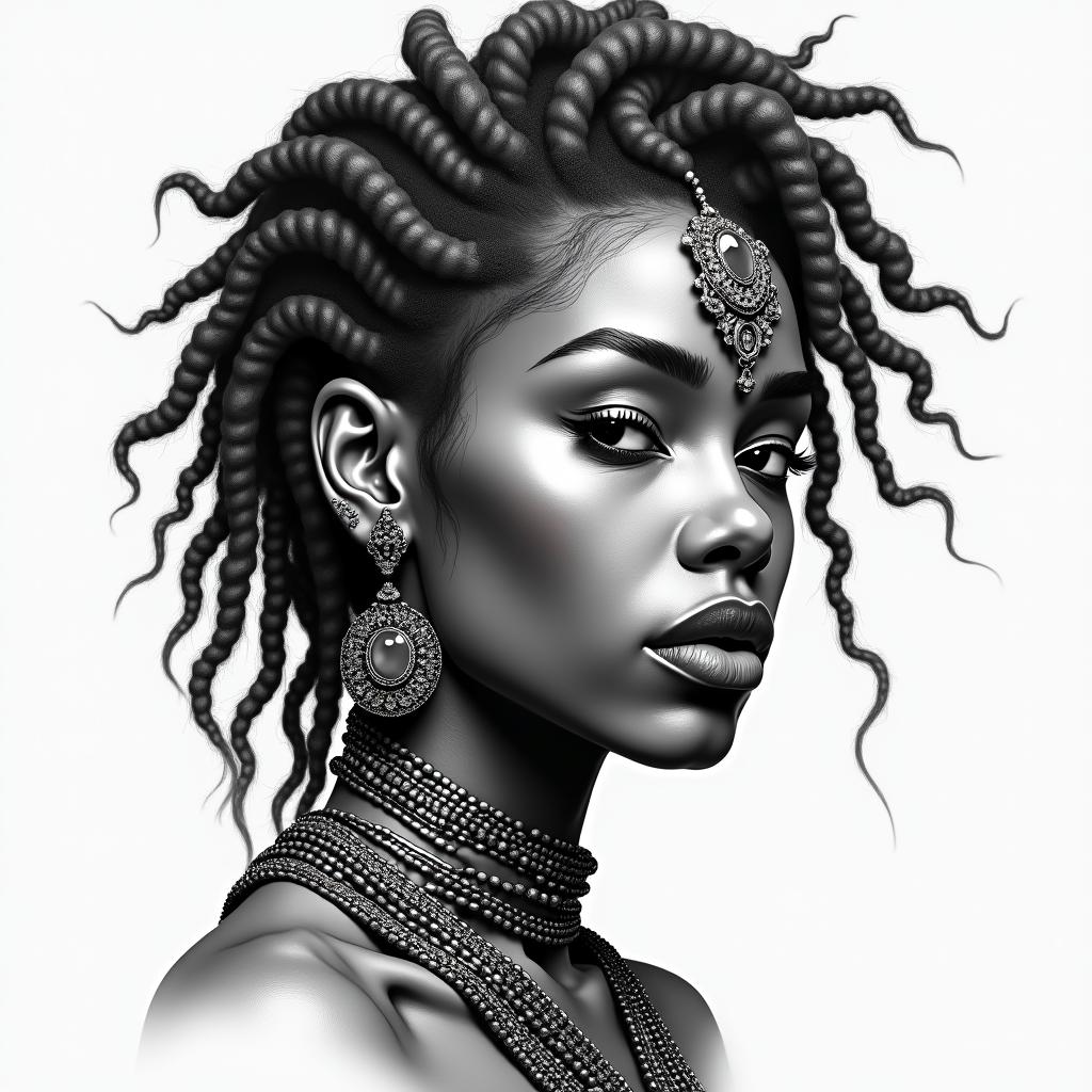 Hoodoo magical feminine full lips African ancestors urban mature with locs with jewels and accessories with grey streak in hairhigly detailed tattoo - Variation 4