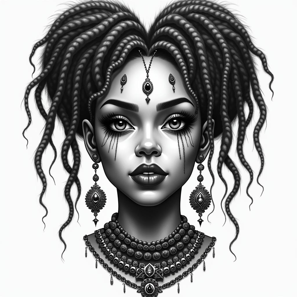 Hoodoo magical feminine full lips African ancestors urban mature with locs with jewels and accessories with grey streak in hairhigly detailed tattoo