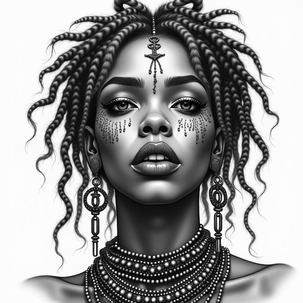 Hoodoo magical feminine full lips African ancestors urban mature with locs with jewels and accessories with grey streak in hairhigly detailed tattoo - Variation 2