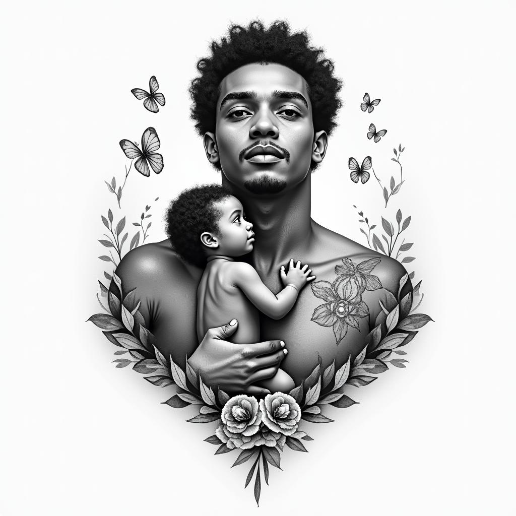 A meaningful tattoo design that symbolizes the bond between the client and their goddaughter Imani, featuring an image of the client holding her on his chest. Integrate the spirit of the client's deceased mother, Dawn, depicted as watching from the heavens above. Include a representation of a Lexus IS300 to symbolize the client's love for cars, combined with elements that evoke peace and quiet. Add the concept of twin flames to represent the client's connection to his twin brother David, while incorporating subtle motifs that resonate with themes of family, love, and guidance, creating a unique and personal tribute.higly detailed tattoo