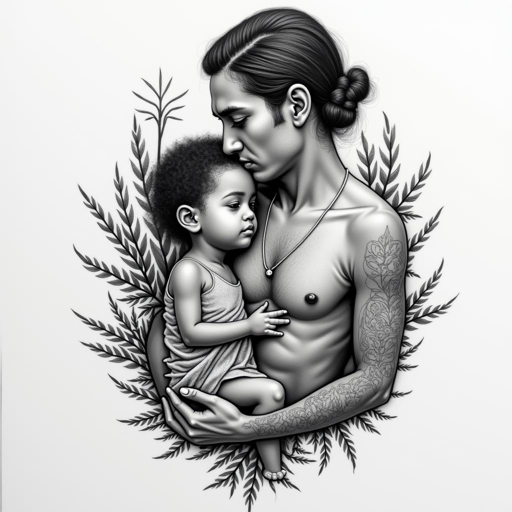 A meaningful tattoo design that symbolizes the bond between the client and their goddaughter Imani, featuring an image of the client holding her on his chest. Integrate the spirit of the client's deceased mother, Dawn, depicted as watching from the heavens above. Include a representation of a Lexus IS300 to symbolize the client's love for cars, combined with elements that evoke peace and quiet. Add the concept of twin flames to represent the client's connection to his twin brother David, while incorporating subtle motifs that resonate with themes of family, love, and guidance, creating a unique and personal tribute.higly detailed tattoo - Variation 2