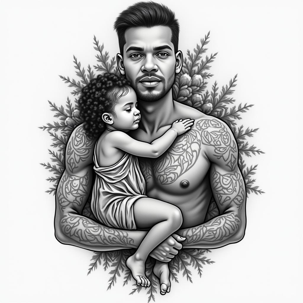 A meaningful tattoo design that symbolizes the bond between the client and their goddaughter Imani, featuring an image of the client holding her on his chest. Integrate the spirit of the client's deceased mother, Dawn, depicted as watching from the heavens above. Include a representation of a Lexus IS300 to symbolize the client's love for cars, combined with elements that evoke peace and quiet. Add the concept of twin flames to represent the client's connection to his twin brother David, while incorporating subtle motifs that resonate with themes of family, love, and guidance, creating a unique and personal tribute.higly detailed tattoo - Variation 3