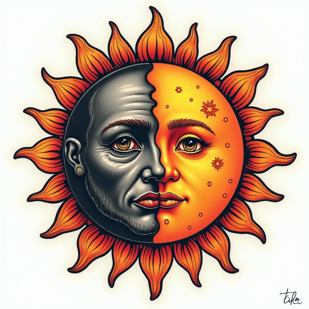 Sun and moon intertwined, glowingin authentic tattoo style, incorporating traditional modifications, bold black outlines, solid color fills, featuring classic authentic elements - Variation 3