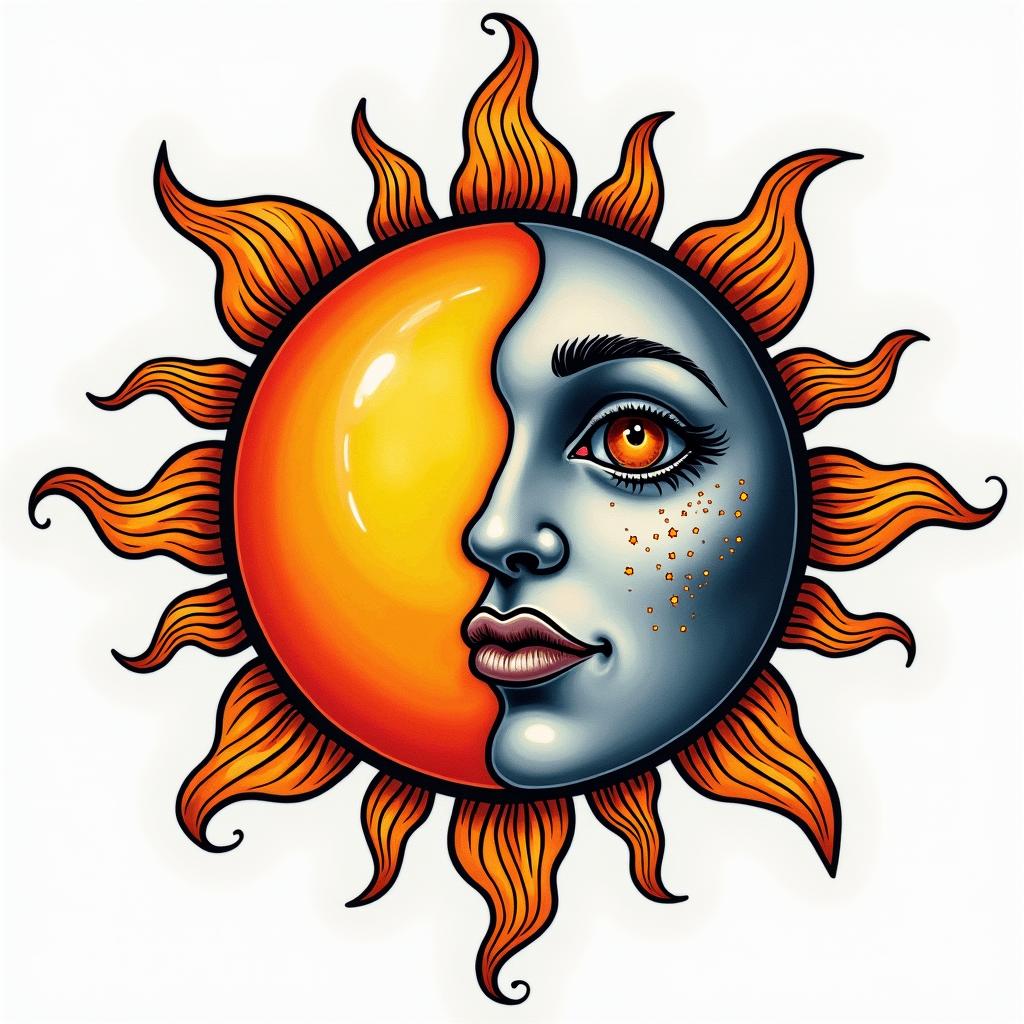 Sun and moon intertwined, glowingin authentic tattoo style, incorporating traditional modifications, bold black outlines, solid color fills, featuring classic authentic elements